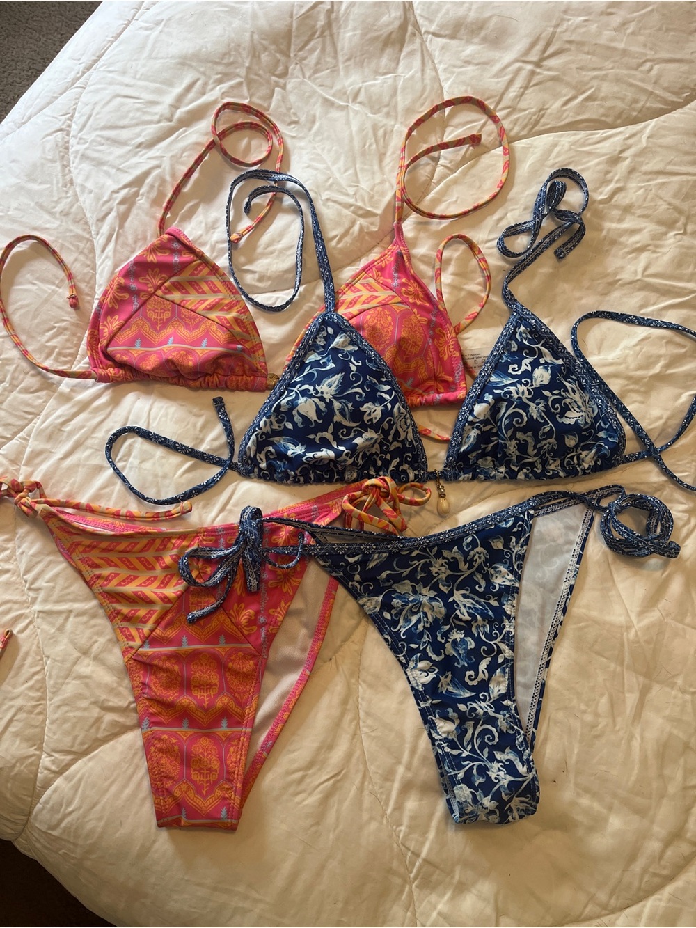 BUNDLE - Women's Blue and Pink/Orange Triangle Halter Bikini Sets